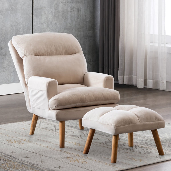 Accent Chair With Ottoman and Side Pocket In Beige Velvet