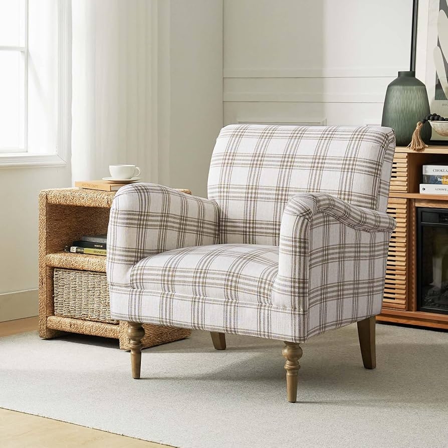 Accent Chair with Tan Plaid and Turned Front Legs