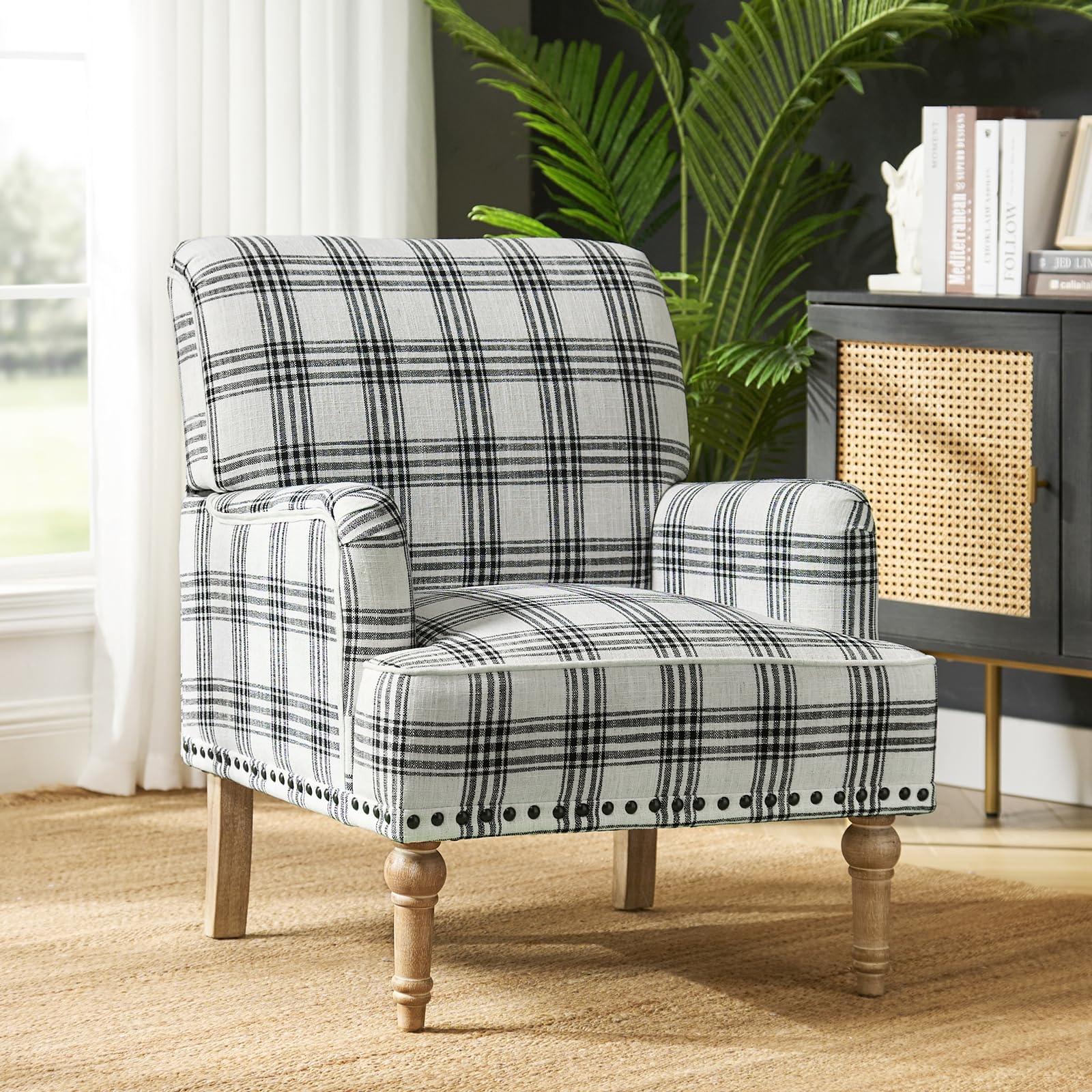 Accent Chair with Turned Wood Legs in Black Plaid