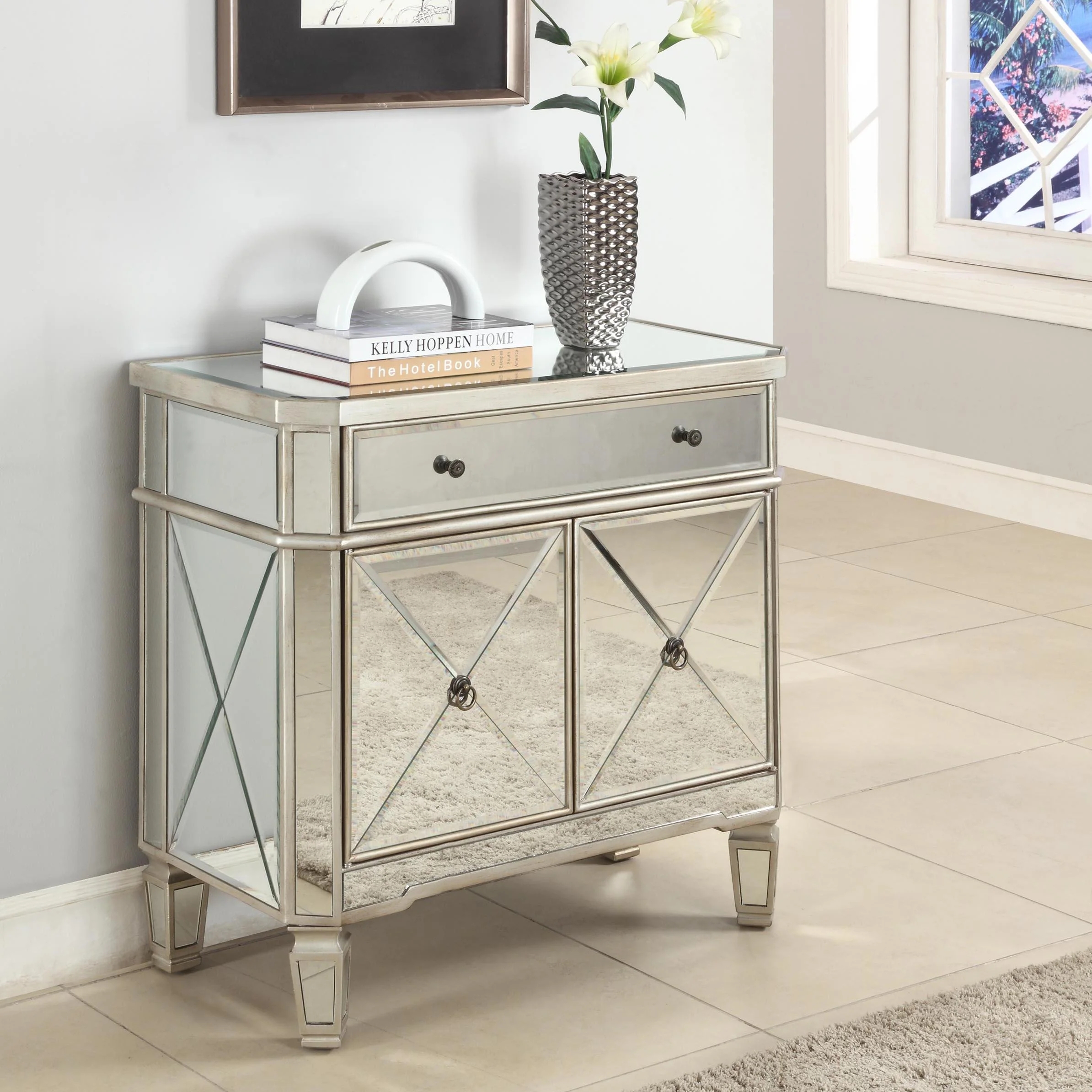 Accent Chest: Silver X-Motif Overlay Glam Entryway Storage
