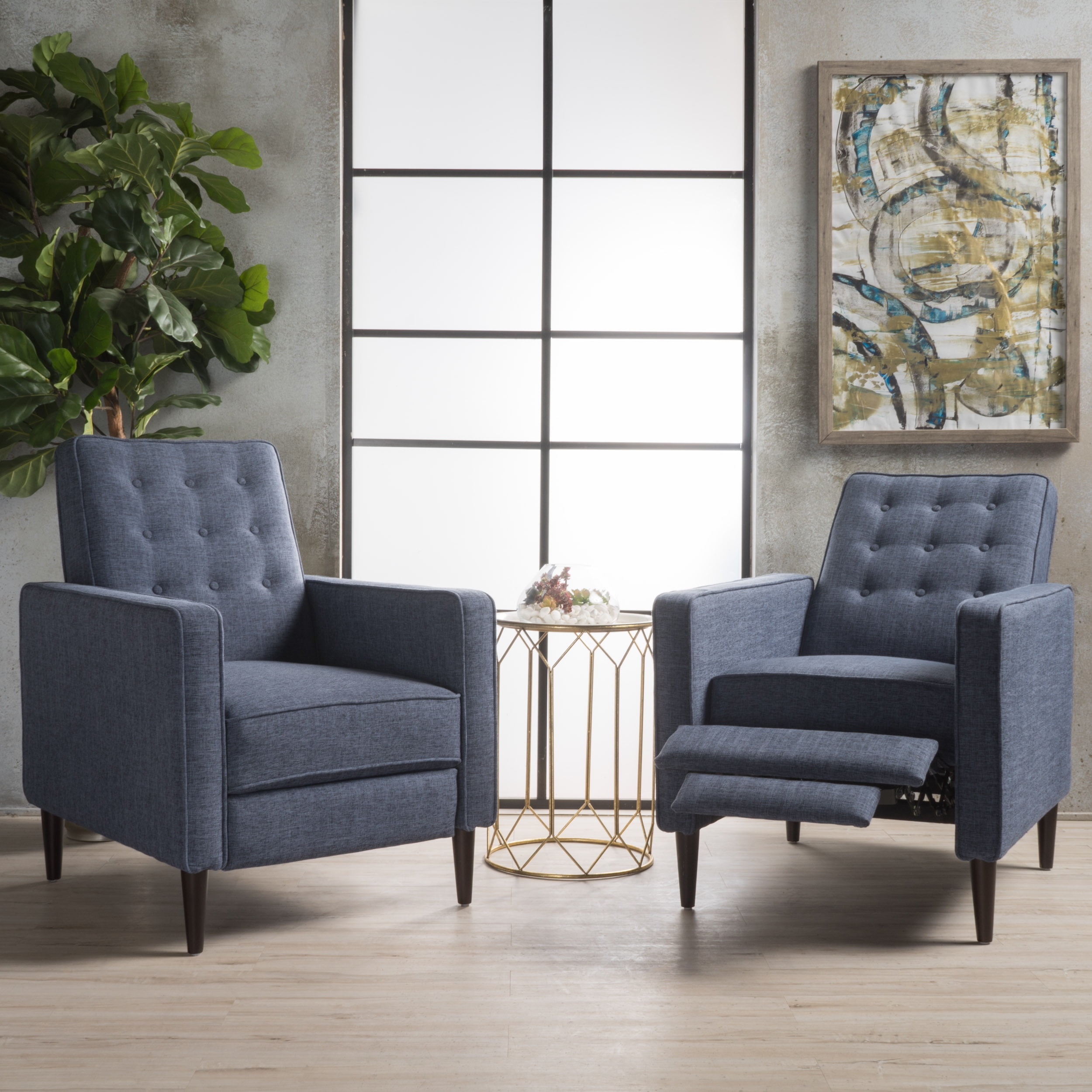 Accent Recliner Set of Two with Tufted Fabric and Tapered Legs