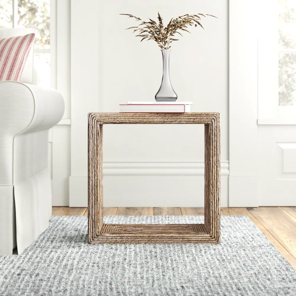 Accent Table Open Cube Design Natural Woven Fiber Texture