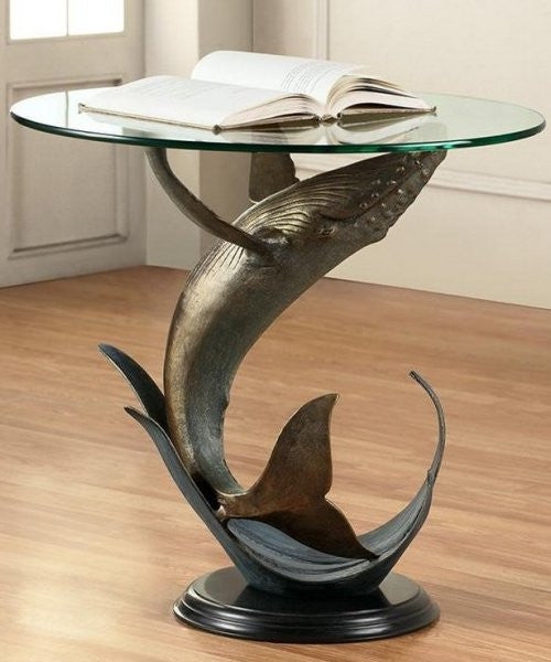 Accent Table Sculptural Whale Base Verdigris Bronze Nautical
