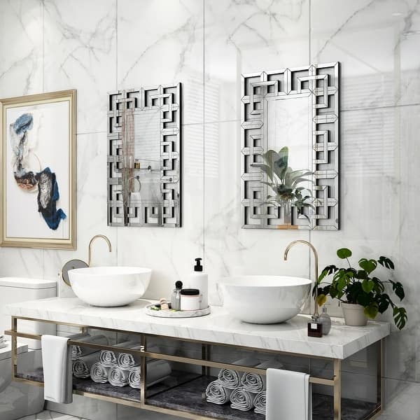 Accent Wall Mirror: Geometric Fretwork Border Beveled Details