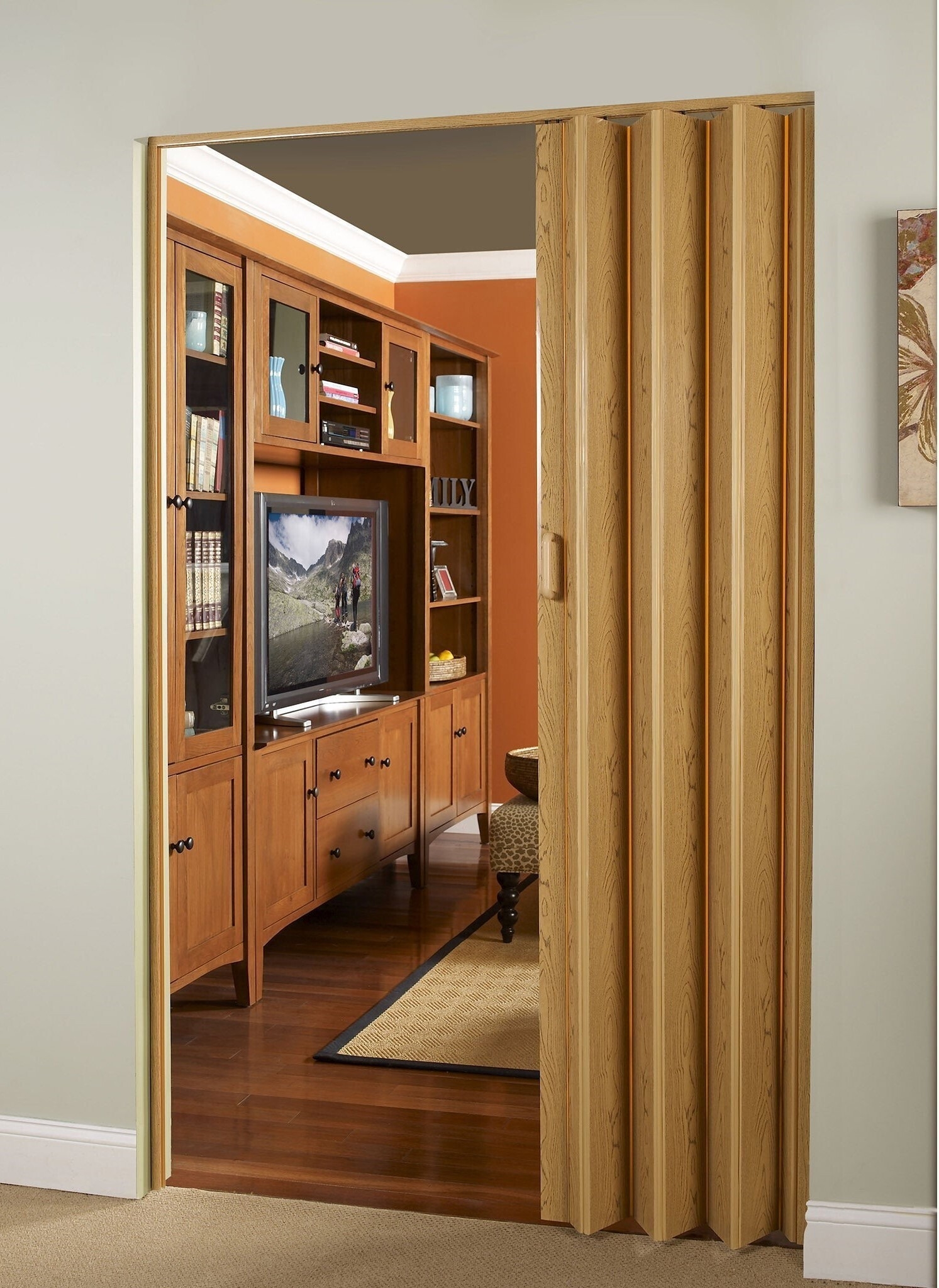 Accordion Folding Door: Space Saving Wood Grain Vinyl Partition
