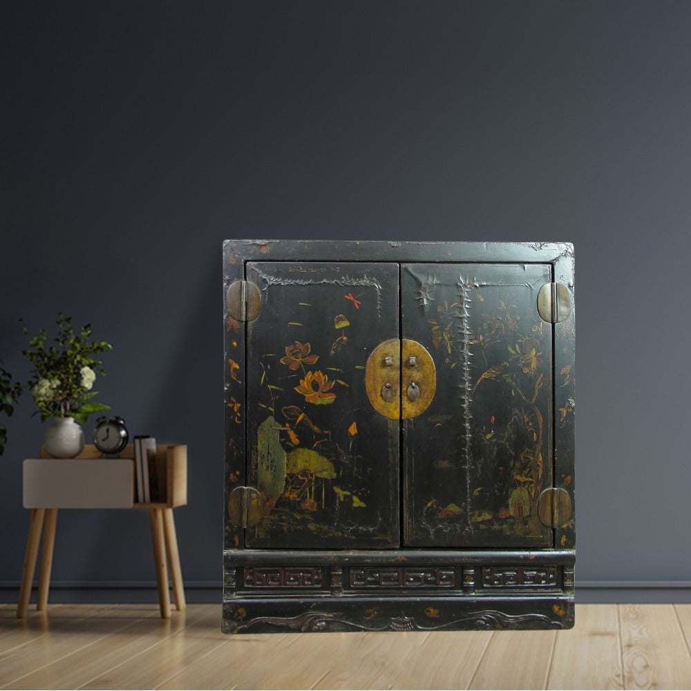Antique Cabinet Chinese Botanical Furniture with Relief Details