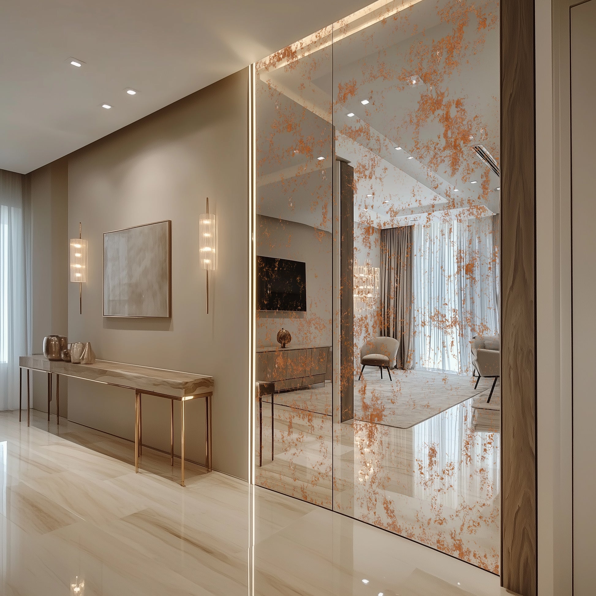 Antique Mirror Panel with Vertical LED Lighting Foyer Decor