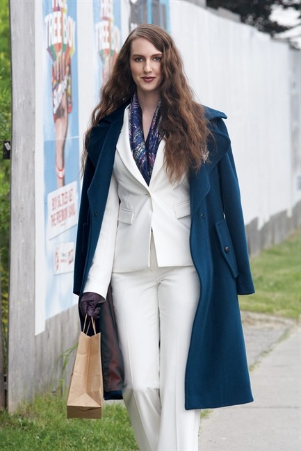 Apparel Ensemble with Oversized Teal Coat: White Power Suit