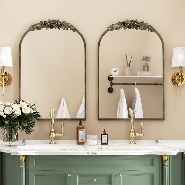 Arched Mirror: Floral Relief Crown and Antique Gold Arched Top