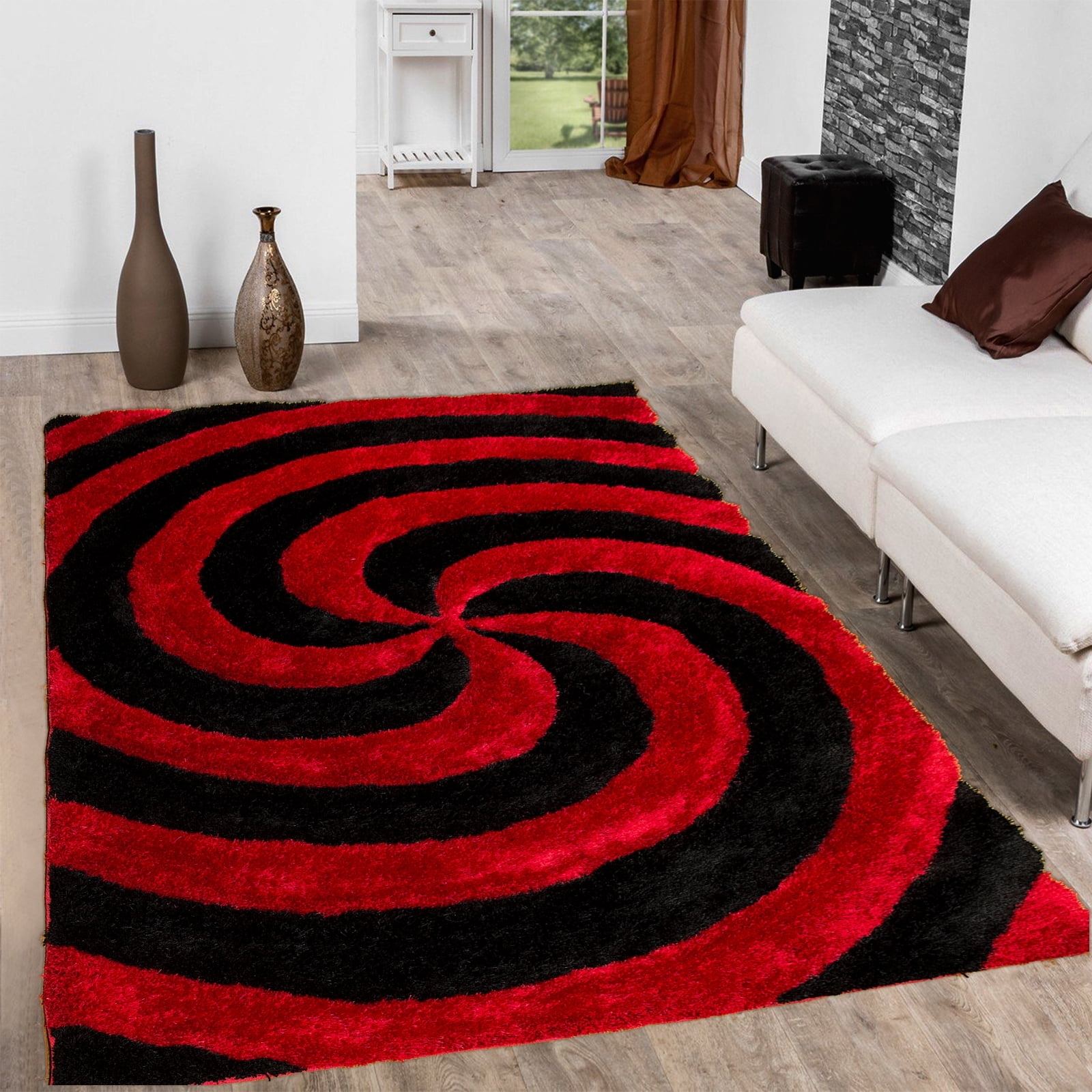 Area Rug - 3D Spiral Design Shaggy Texture Red Black Carpet