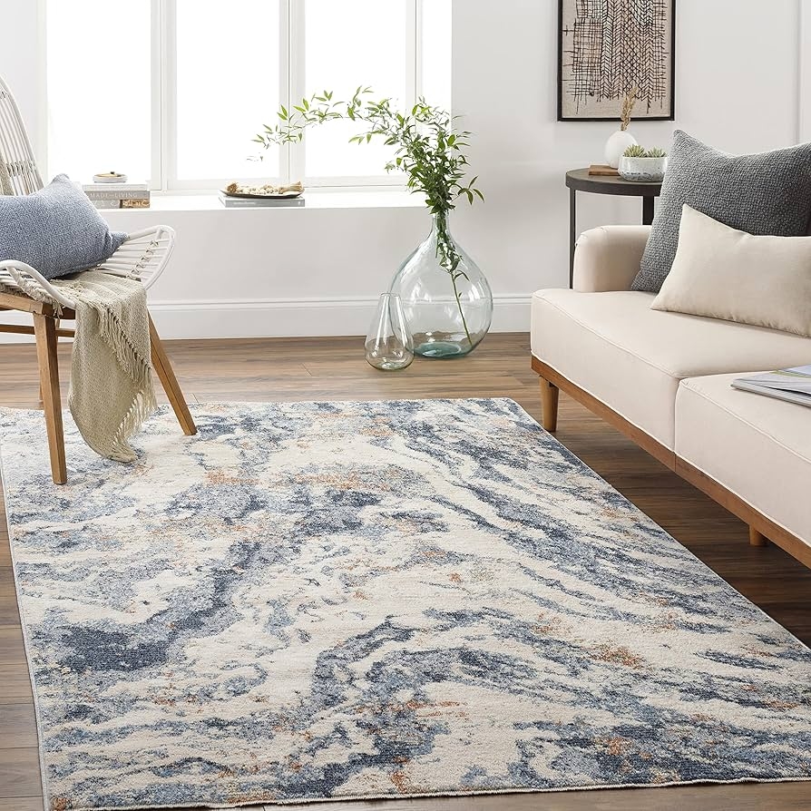 Area Rug Abstract Veining Navy Marble Pattern Beige