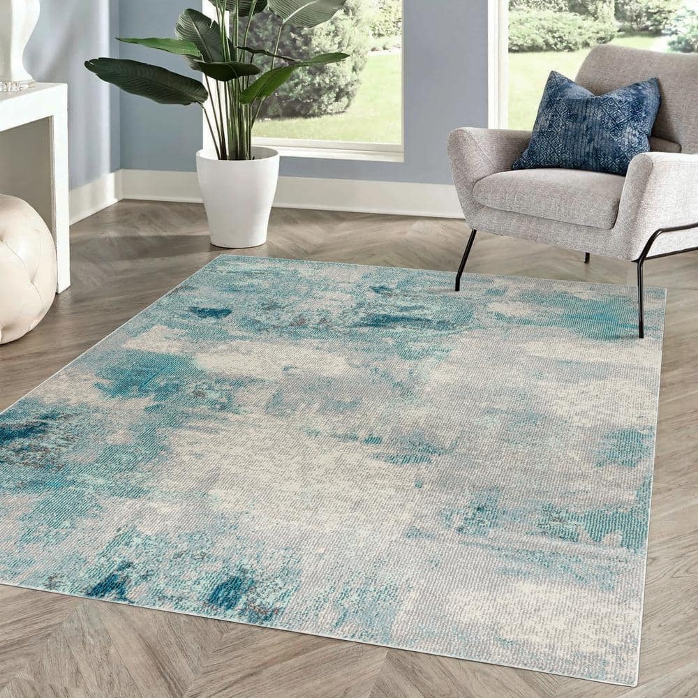 Area Rug Abstract Watercolor Pattern Teal Blue Cream
