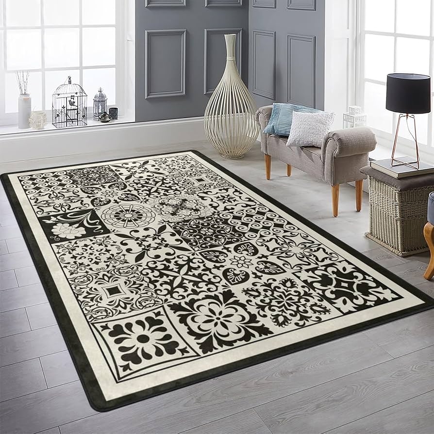 Area Rug Black and Beige Patchwork Geometric Tile Rug