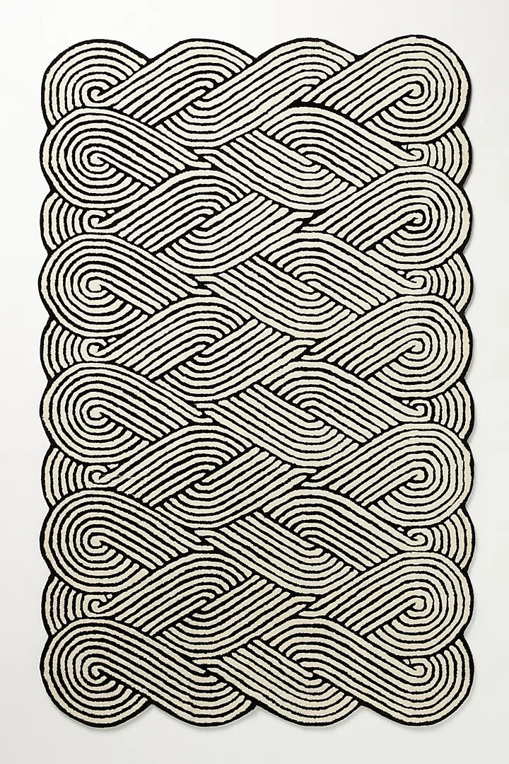 Area Rug Black and White Op-Art Wavy Pattern Scalloped Edge