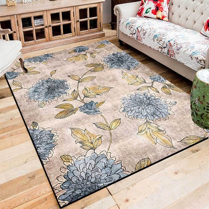 Area Rug Blue Chrysanthemum Design Washable Leaf