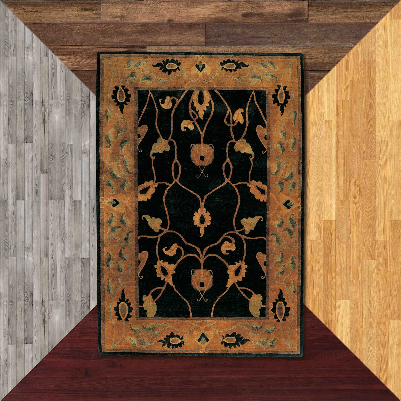 Area Rug Botanical Vine Motif Midnight Black Floor Decor