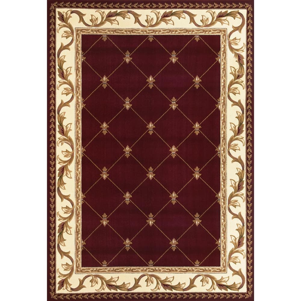 Area Rug Burgundy Red Field Fleur-De-Lis Trellis Rug