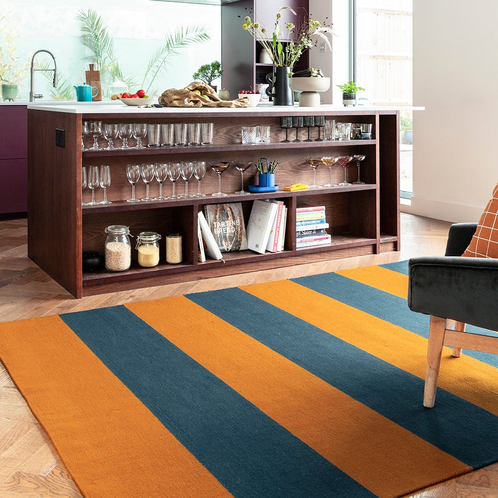 Area Rug Burnt Orange Stripes Navy Blue Bands Wool