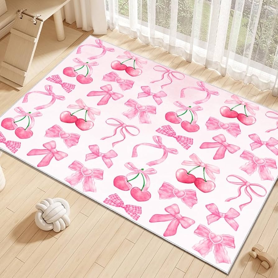 Area Rug Cherry Bow Motif Preppy Coquette Nursery Rug
