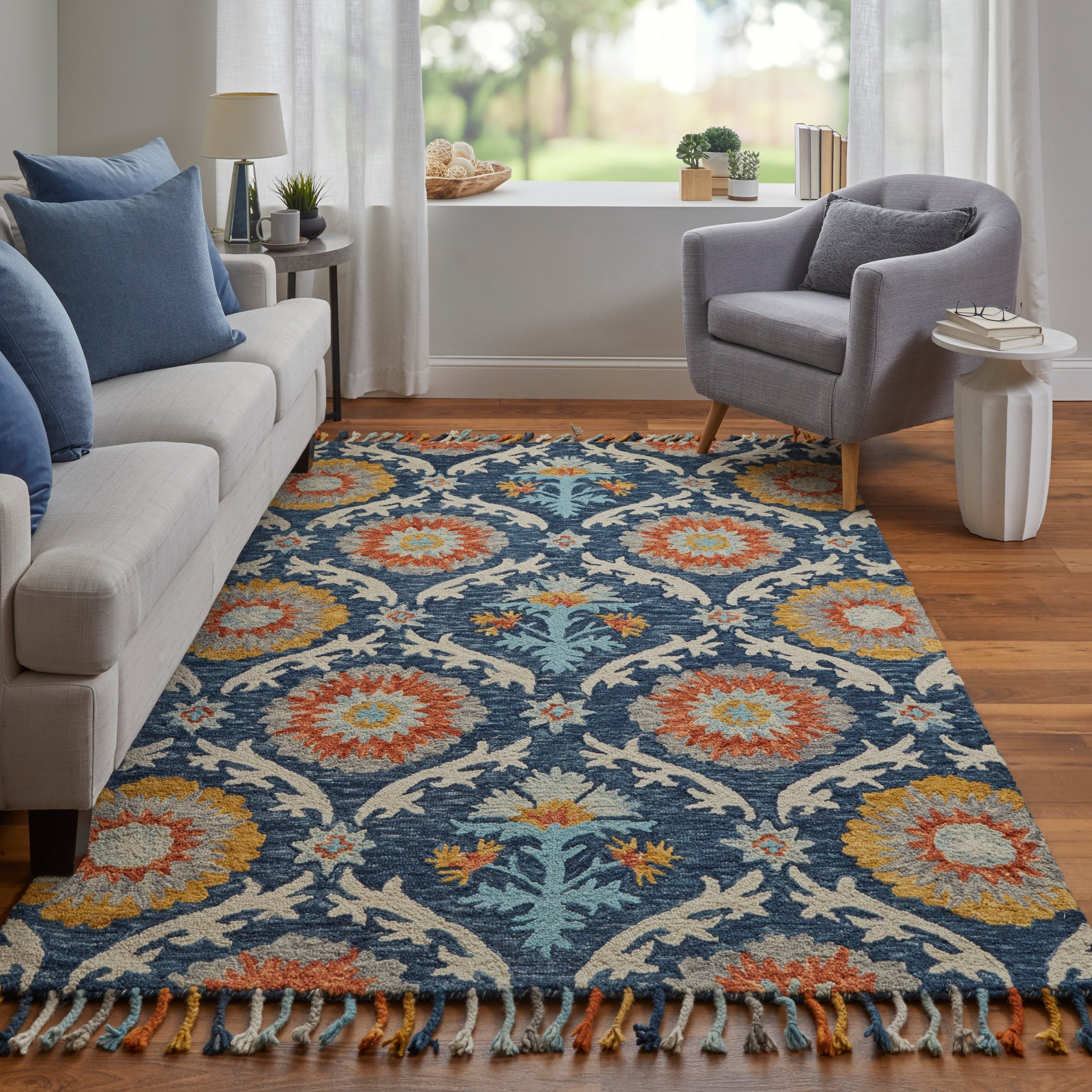 Area Rug Colorful Suzani Design Bohemian Floral Fringe