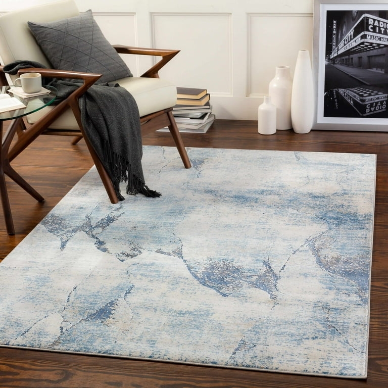 Area Rug Cool Toned Marble Swirl Distressed Blue