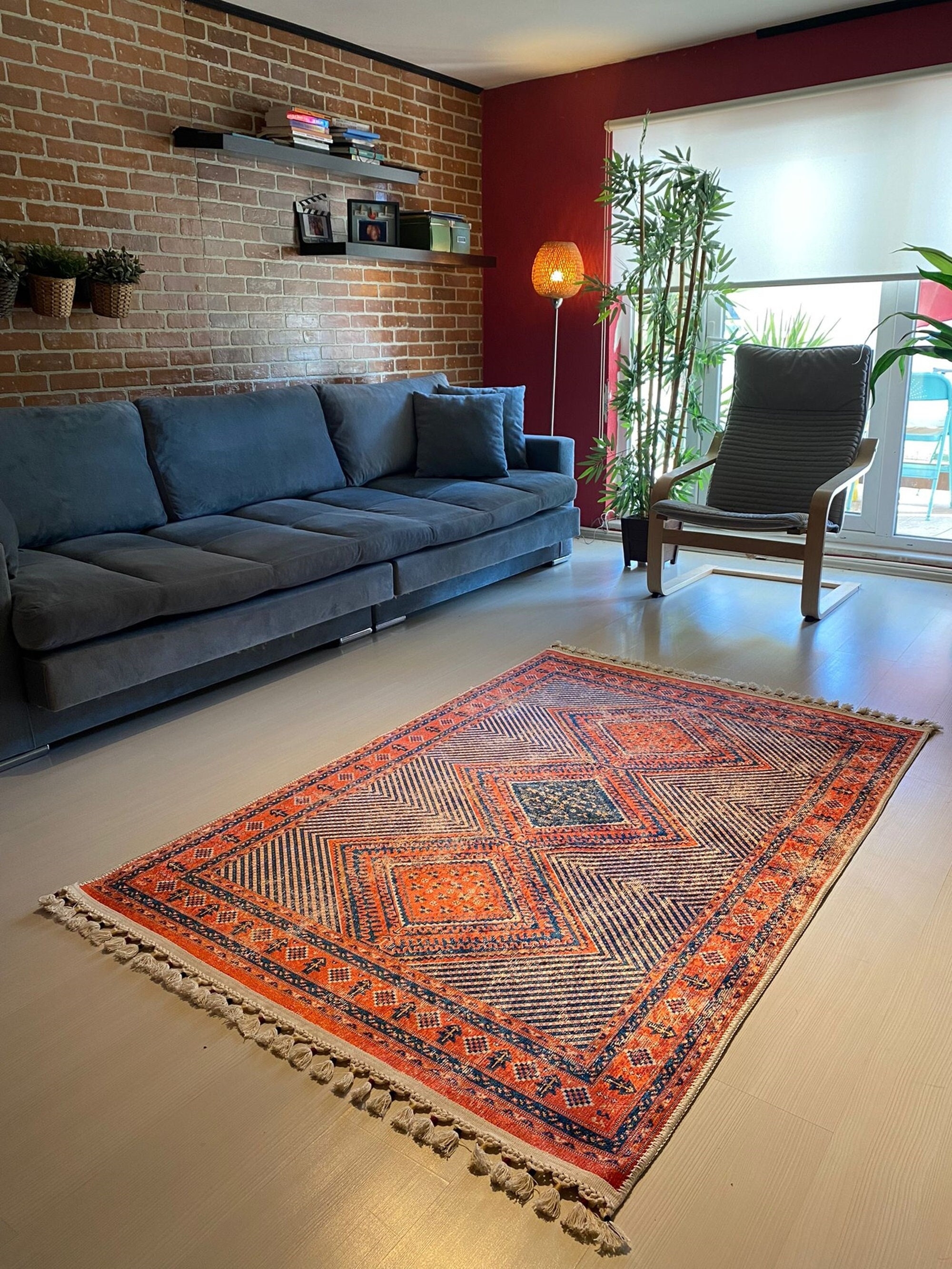 Area Rug Cream Tassels Geometric Diamond Pattern Kilim