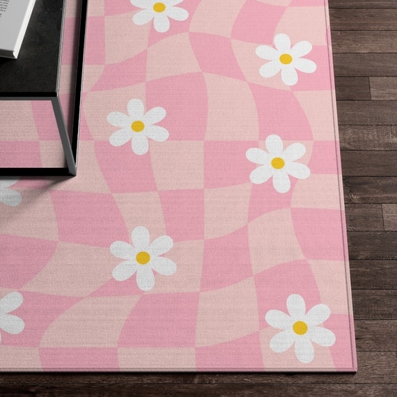Area Rug Daisy Flower Motifs Wavy Checkerboard Rug