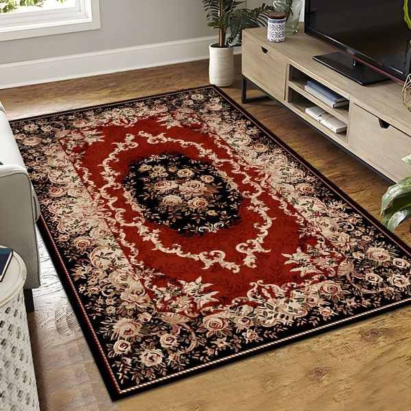 Area Rug Dark Red Floral Medallion Black Border Rug