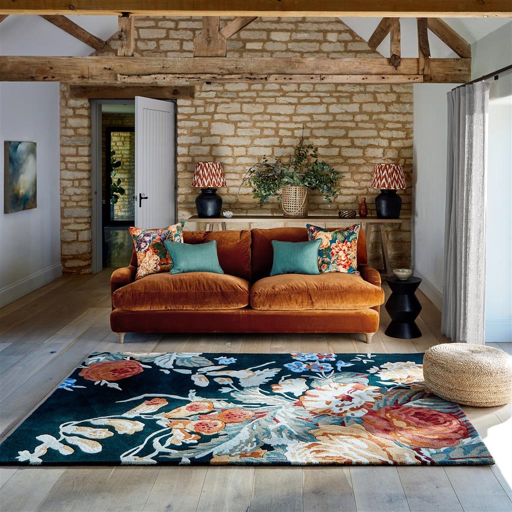 Area Rug Deep Navy Ground Botanical Floral Pattern