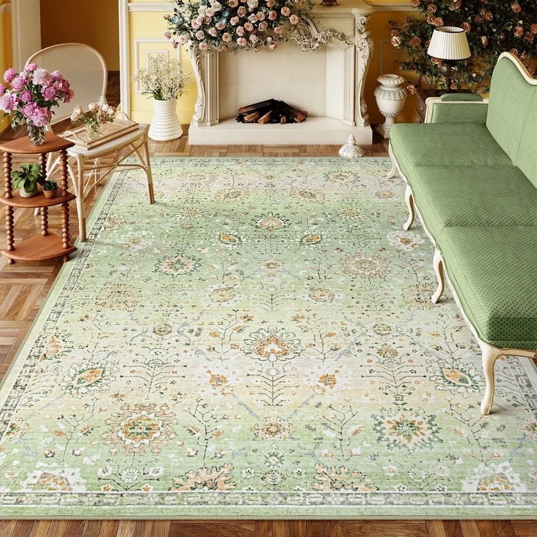 Area Rug Distressed Floral Sage Green Base Boho Area Rug