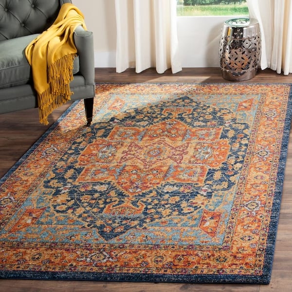 Area Rug Distressed Medallion Navy and Orange Carpet