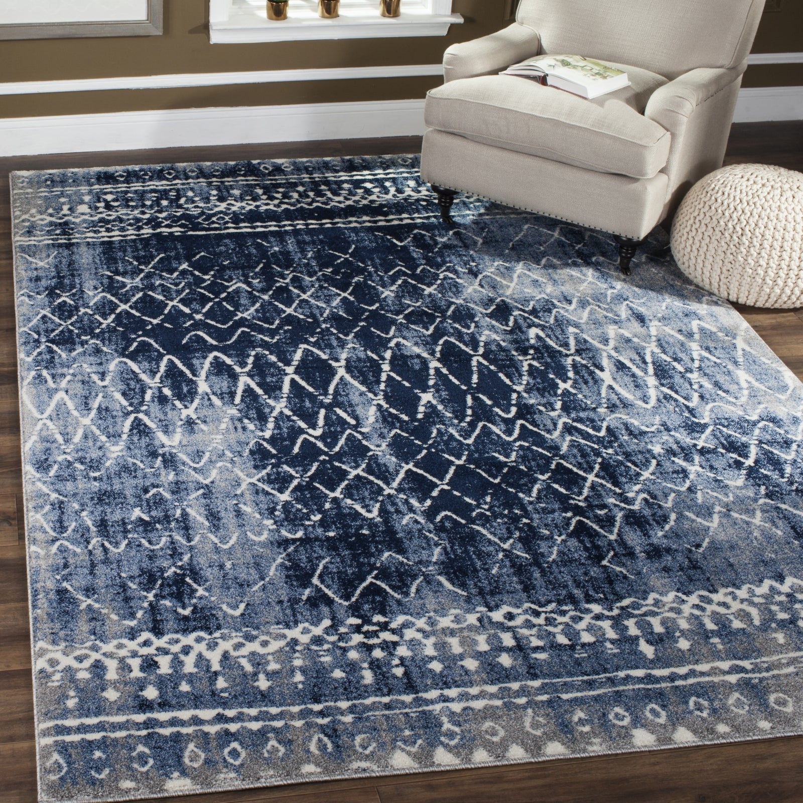 Area Rug Distressed Tribal Pattern Navy Geometric