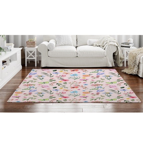 Area Rug Ditsy Floral Pattern Butterfly Motifs Pink Floral Rug