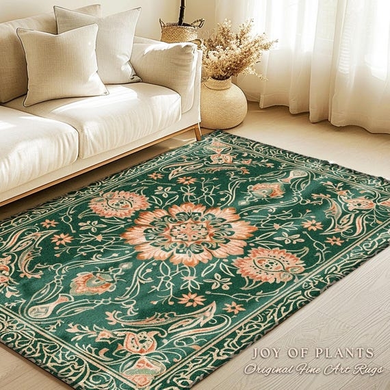 Area Rug Emerald Green Central Medallion Floral Rug