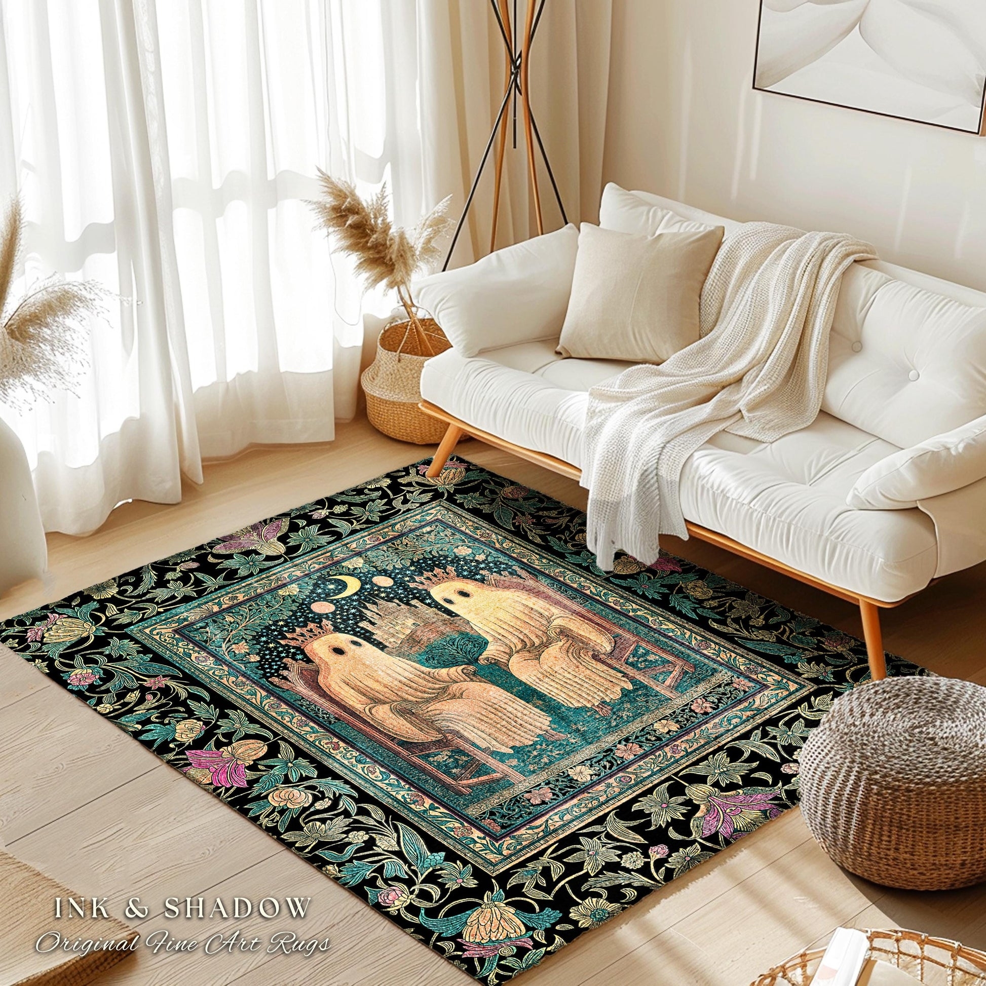 Area Rug Ethereal Figures Botanical Border Gothic Rug