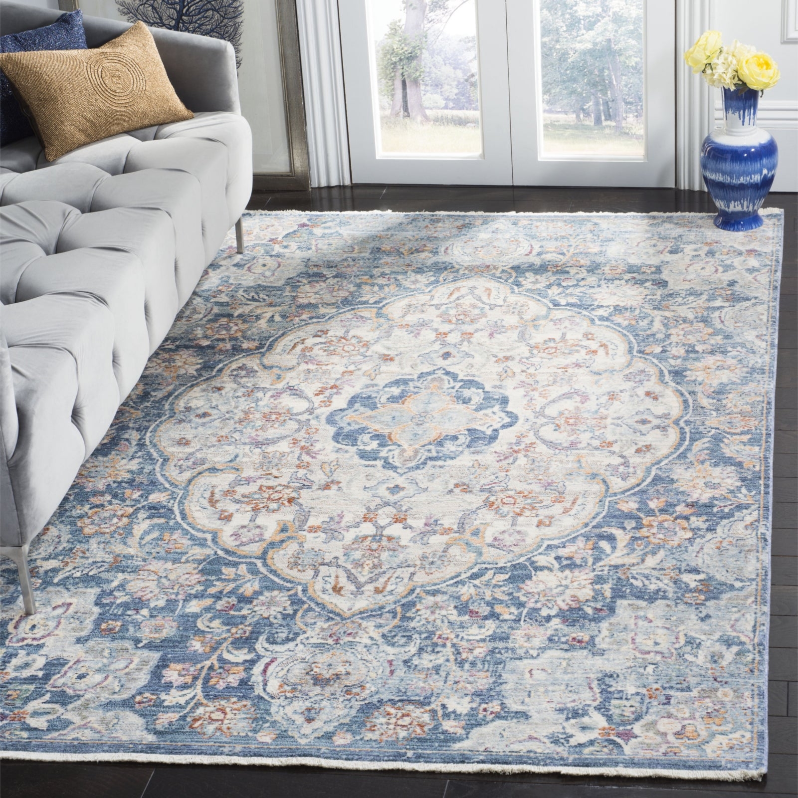 Area Rug Faded Oriental Medallion Distressed Cream