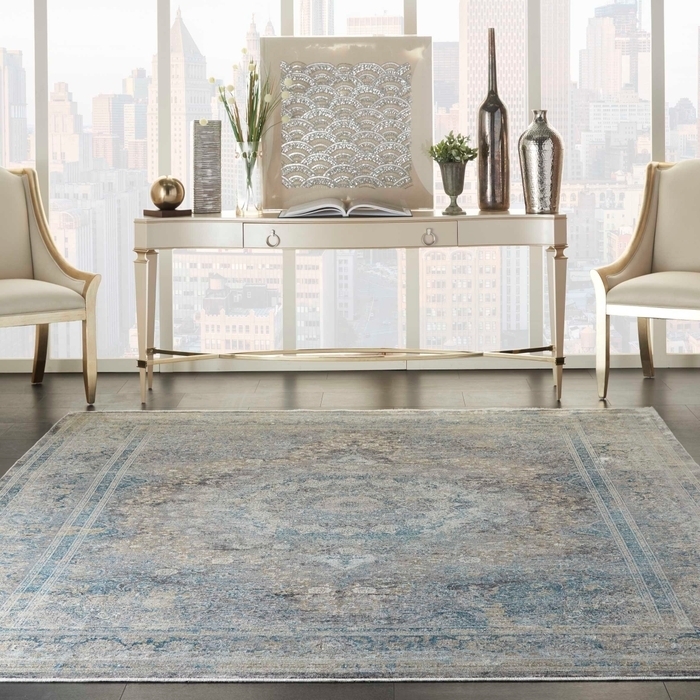 Area Rug Faded Traditional Medallion Cream Slate Blue
