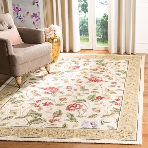 Area Rug Floral Vine Pattern Hooked Texture Ivory