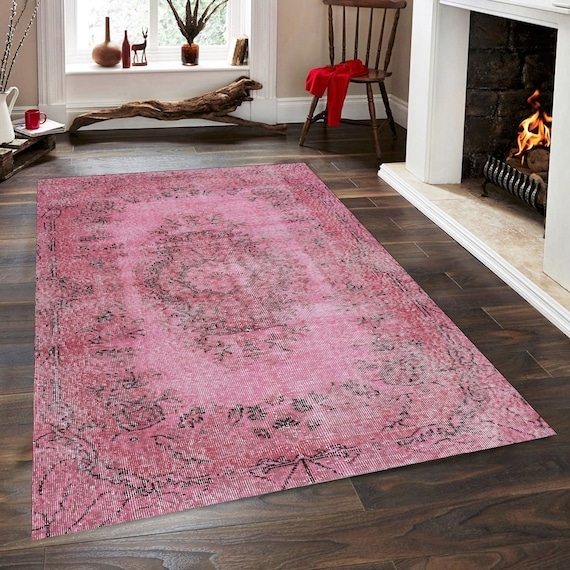 Area Rug Fuchsia Hue Distressed Pink Turkish Rug