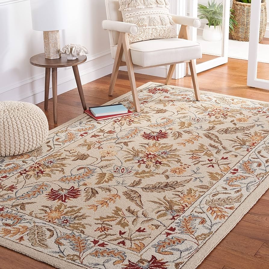 Area Rug Hand Hooked Texture Botanical Floral Border