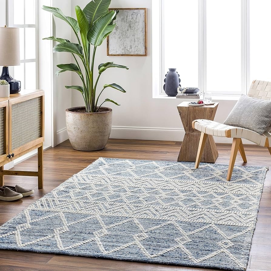 Area Rug High-Low Texture Slate Blue Diamond Lattice