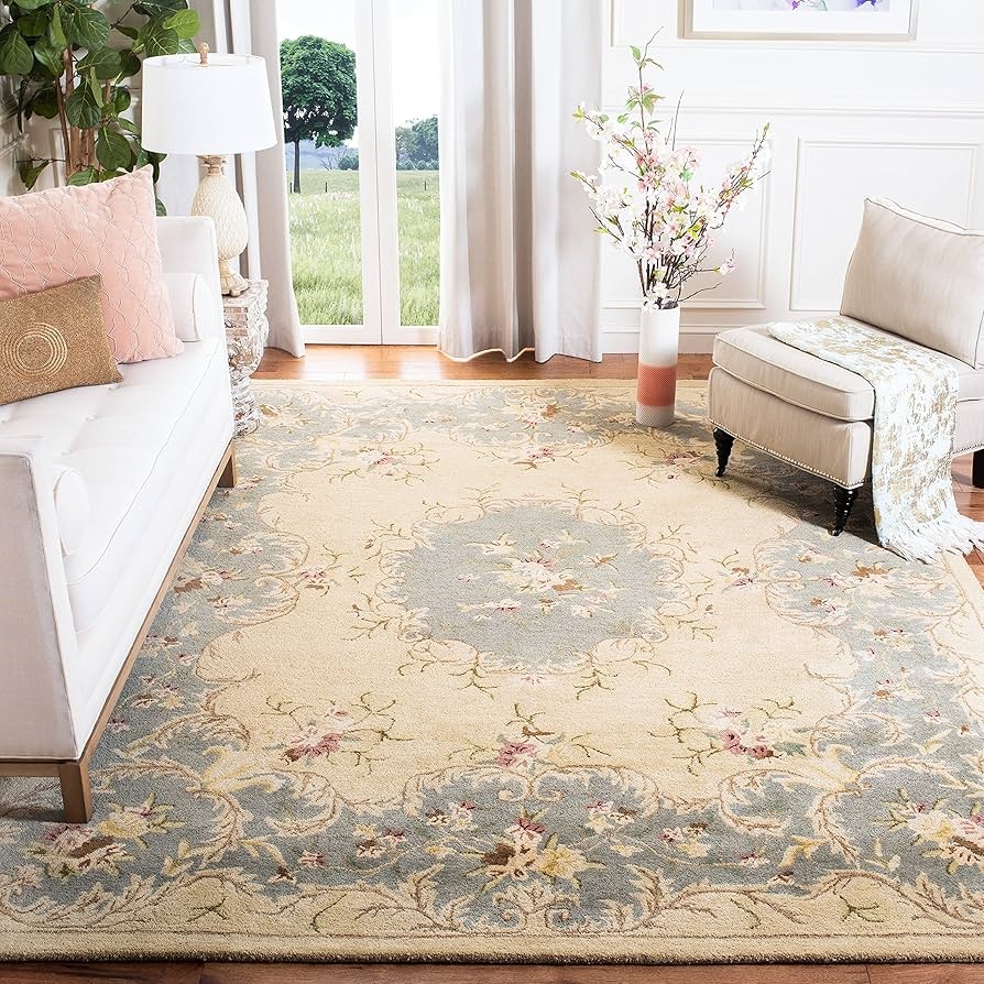 Area Rug Light Blue Border Ivory Medallion Motif