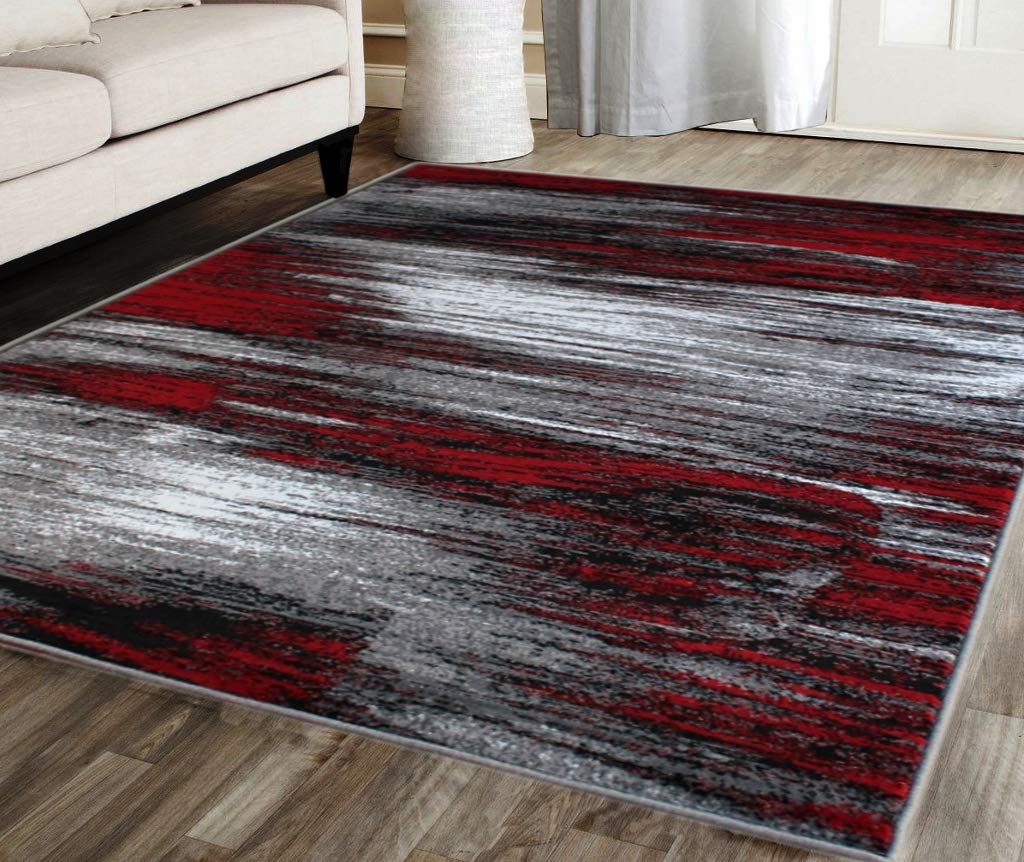 Area Rug - Linear Streaks Crimson Distressed Brushstroke Carpet