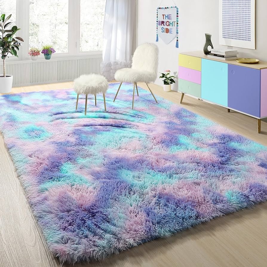 Area Rug Marbleized Pastel Pattern Faux Fur Mermaid Rug Decor