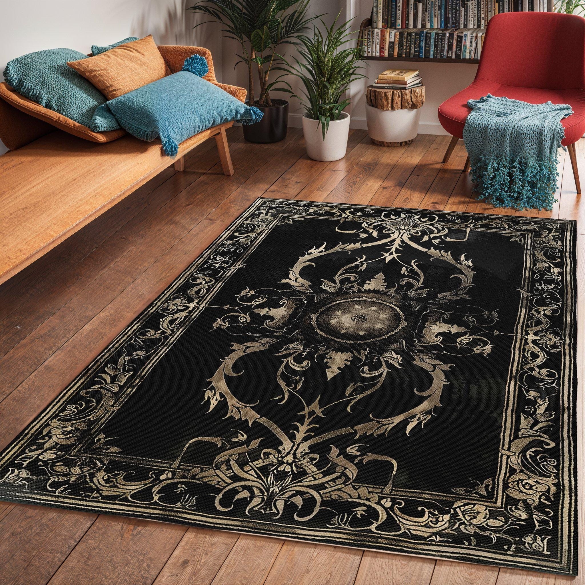 Area Rug Matte Black Gothic Medallion Dark Academia Rug