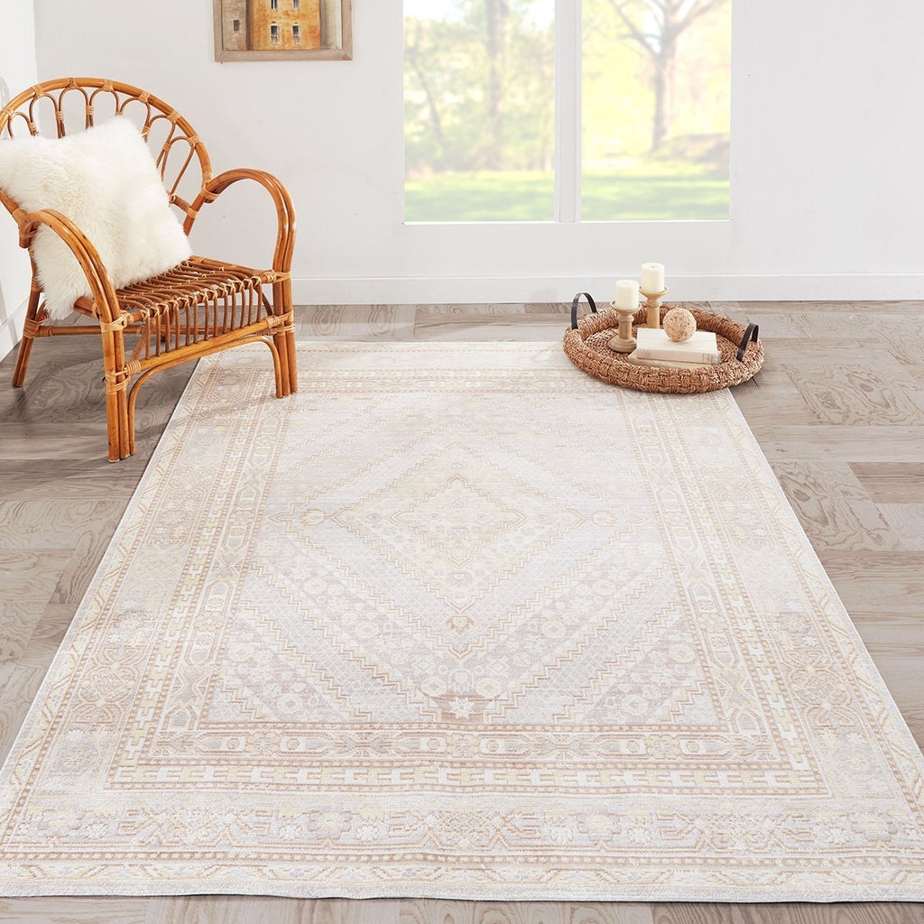 Area Rug Medallion Center Cream Geometric Border