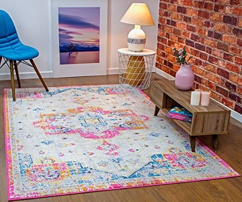 Area Rug Medallion Motif Distressed Blue and Rose Rug