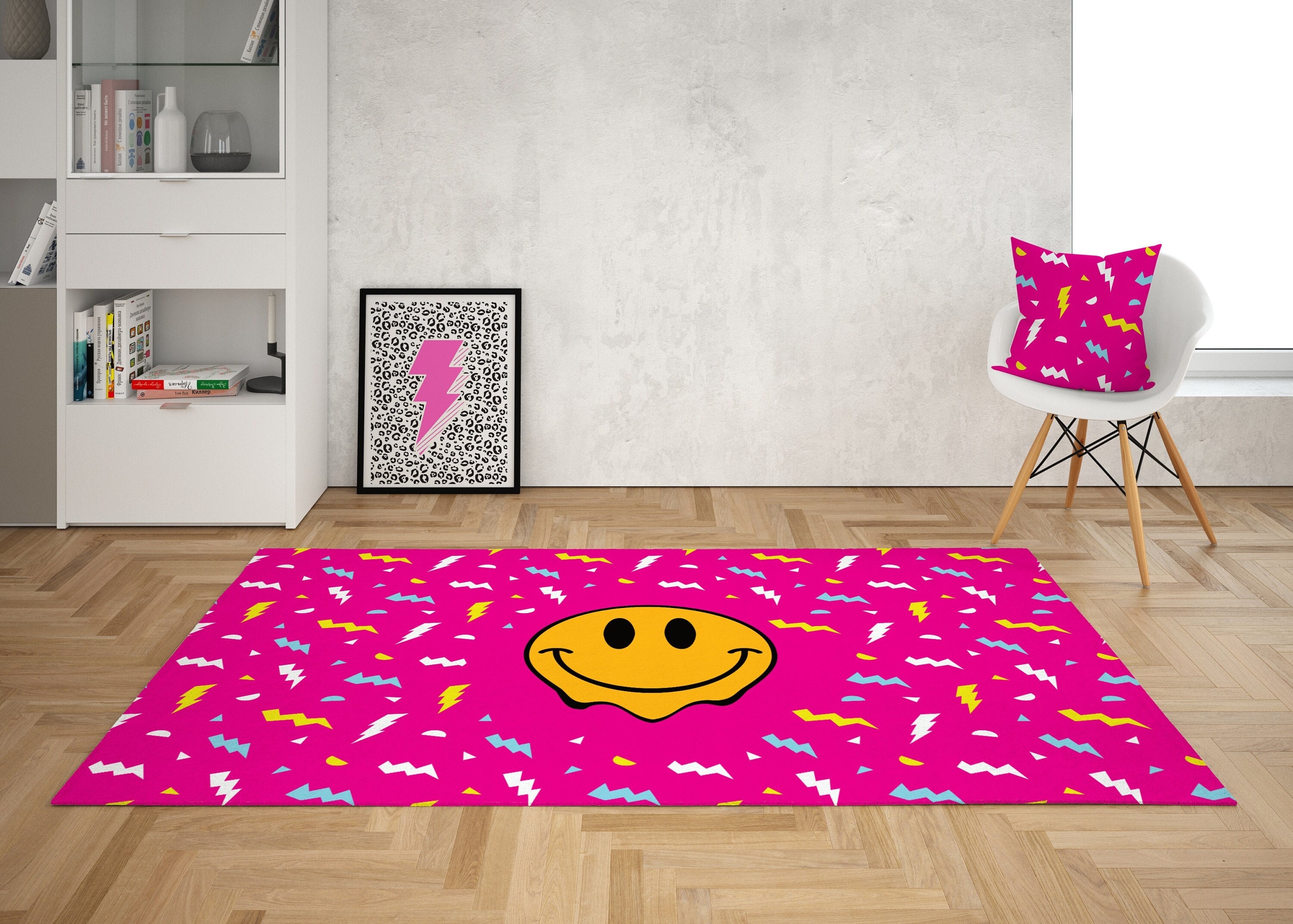 Area Rug Melting Smiley Face Hot Pink Dorm Room Decor