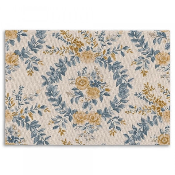 Area Rug Mustard Yellow Roses Blue Botanical Vines