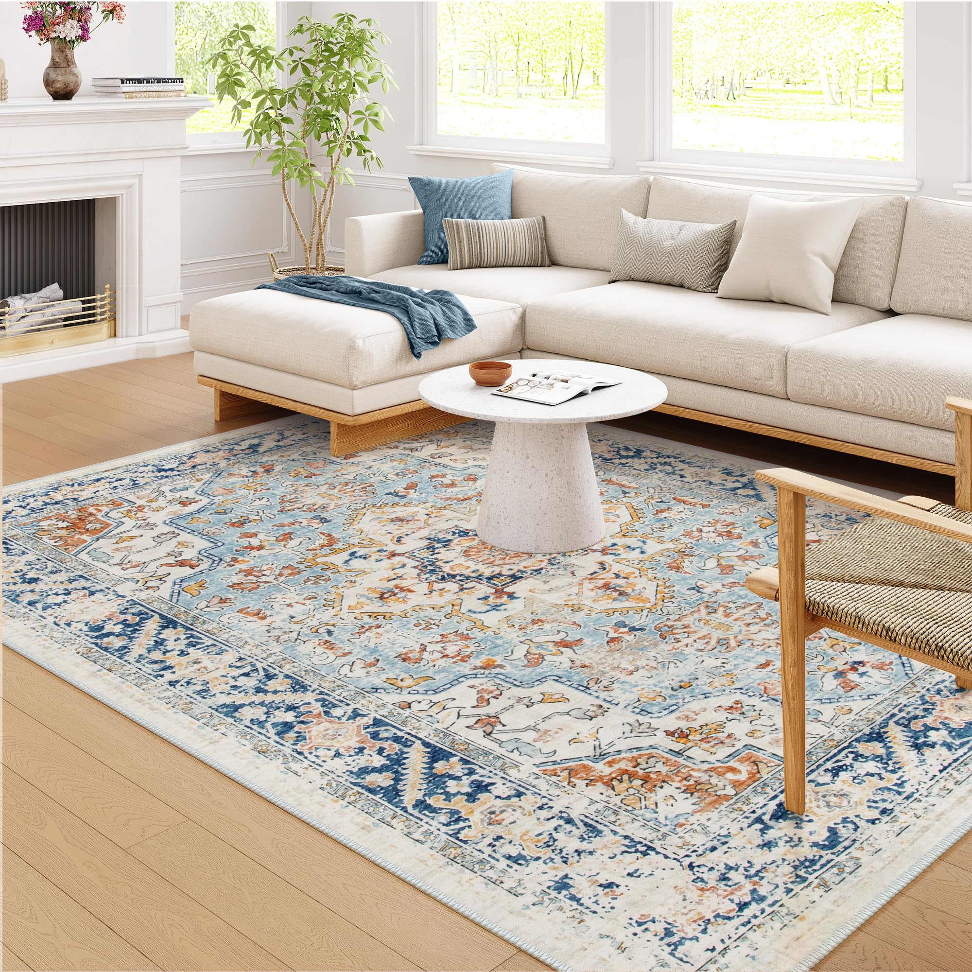Area Rug Navy Blue Thick Border Distressed Floral Rug